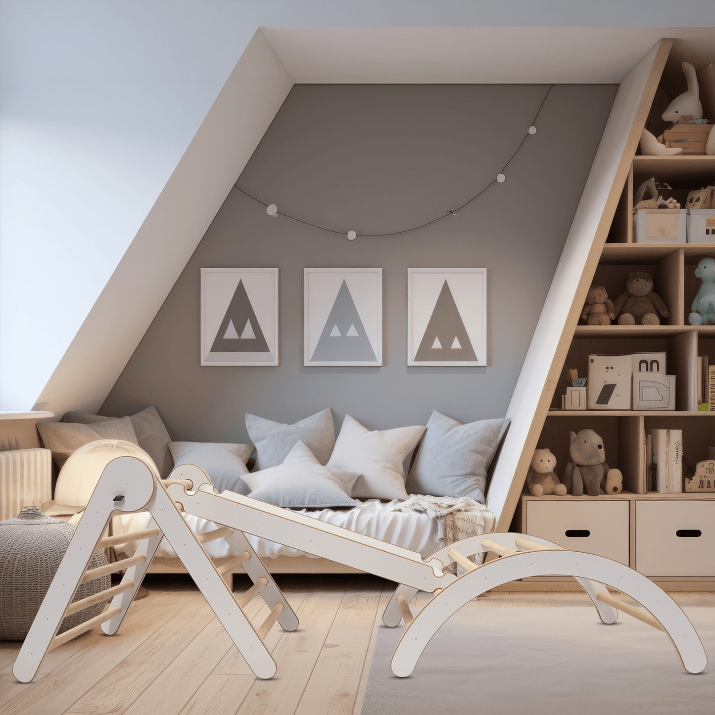 MAMOI® Structure d'escalade Triangle d'escalade Indoor 4 en 1 SET. Arche d'escalade Montessori avec coussin, aire de jeux intérieure 1-3 ans et toboggan pour enfants.-1