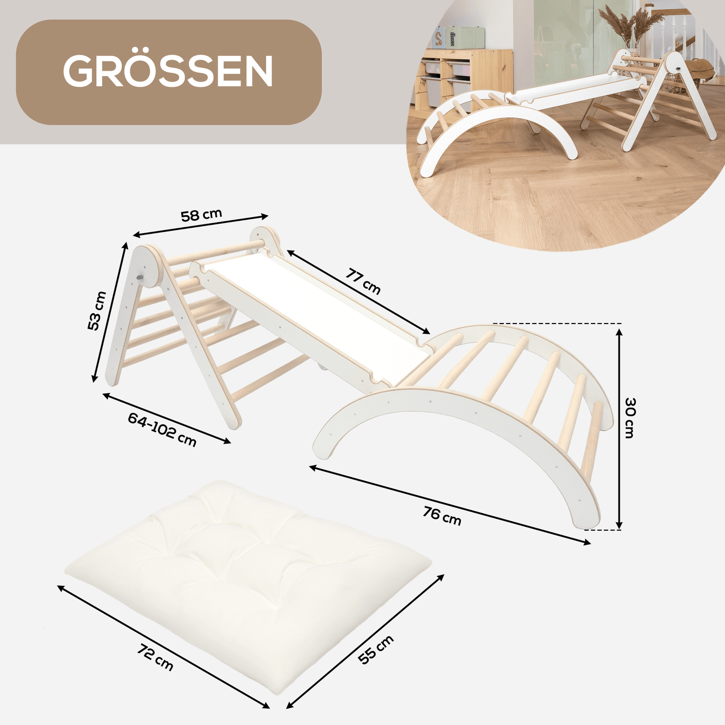 MAMOI® Structure d'escalade Triangle d'escalade Indoor 4 en 1 SET. Arche d'escalade Montessori avec coussin, aire de jeux intérieure 1-3 ans et toboggan pour enfants.-2