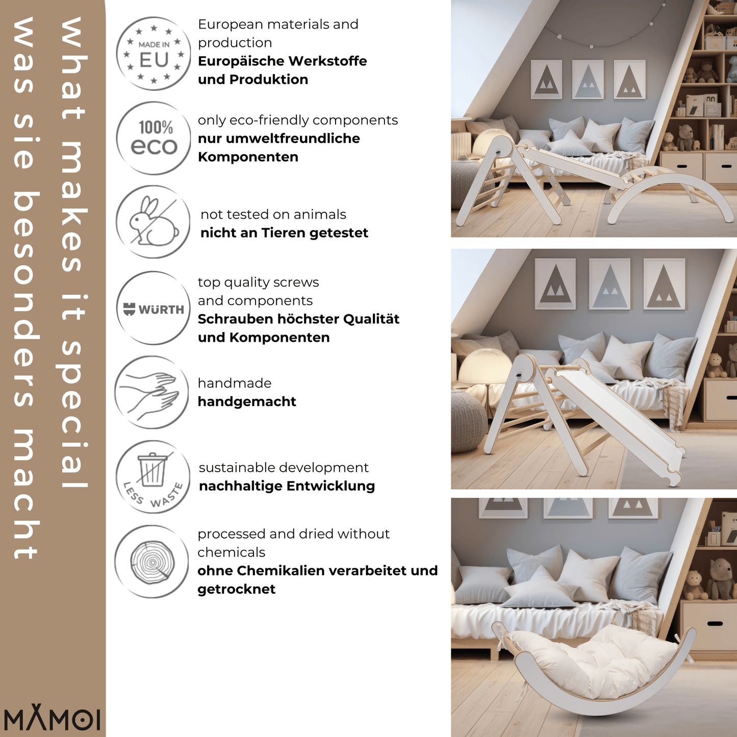 MAMOI® Structure d'escalade Triangle d'escalade Indoor 4 en 1 SET. Arche d'escalade Montessori avec coussin, aire de jeux intérieure 1-3 ans et toboggan pour enfants.-4