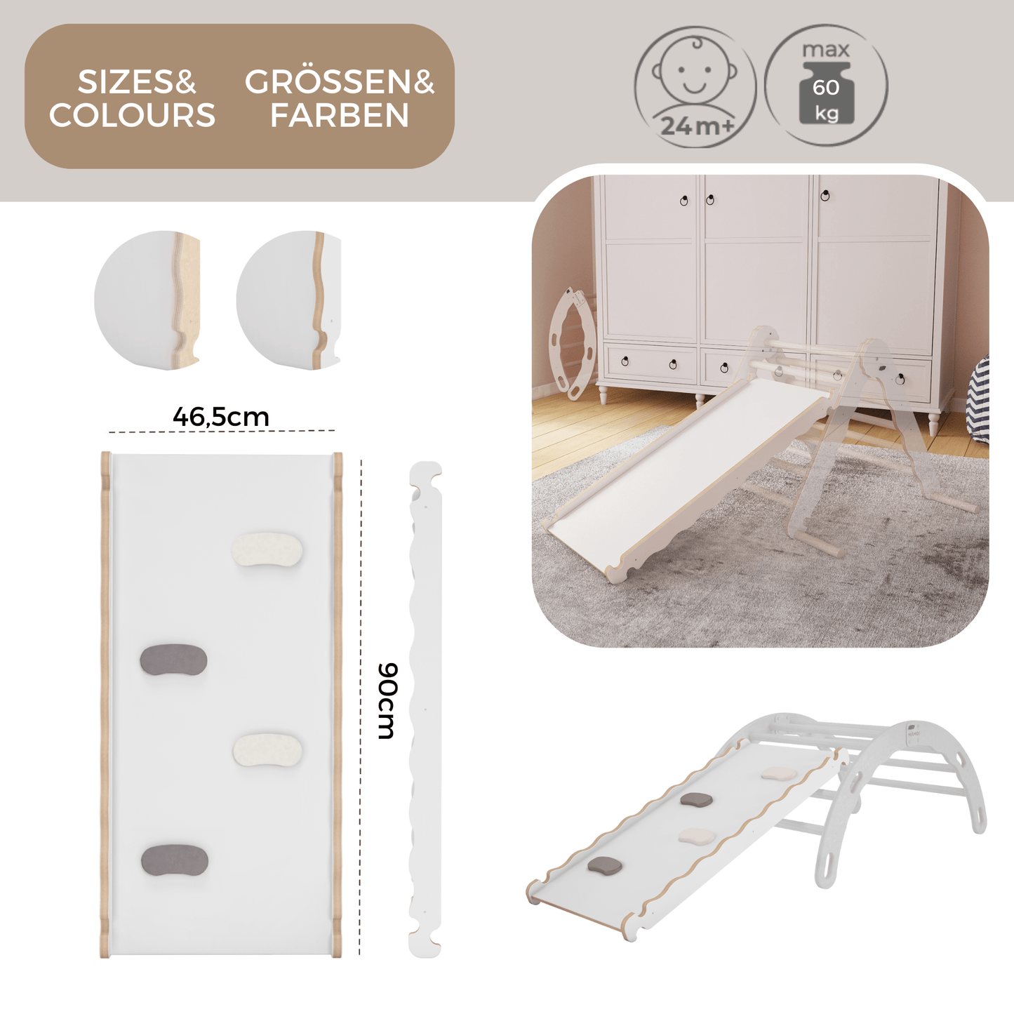 MAMOI® Toboggan interieur pour enfant, Tobogan pour triangle et mur escalade pour bebe, Jeux en bois intérieur, Tobbogan montessori à partir de 1 an 2/3 ans-3