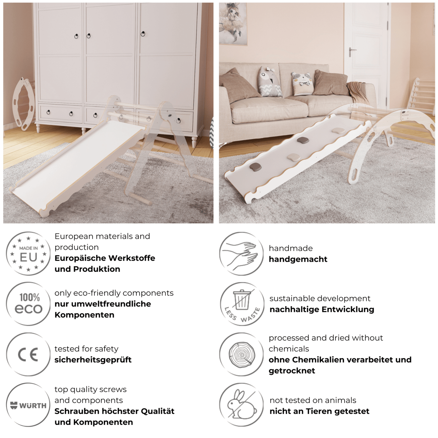MAMOI® Toboggan interieur pour enfant, Tobogan pour triangle et mur escalade pour bebe, Jeux en bois intérieur, Tobbogan montessori à partir de 1 an 2/3 ans-4