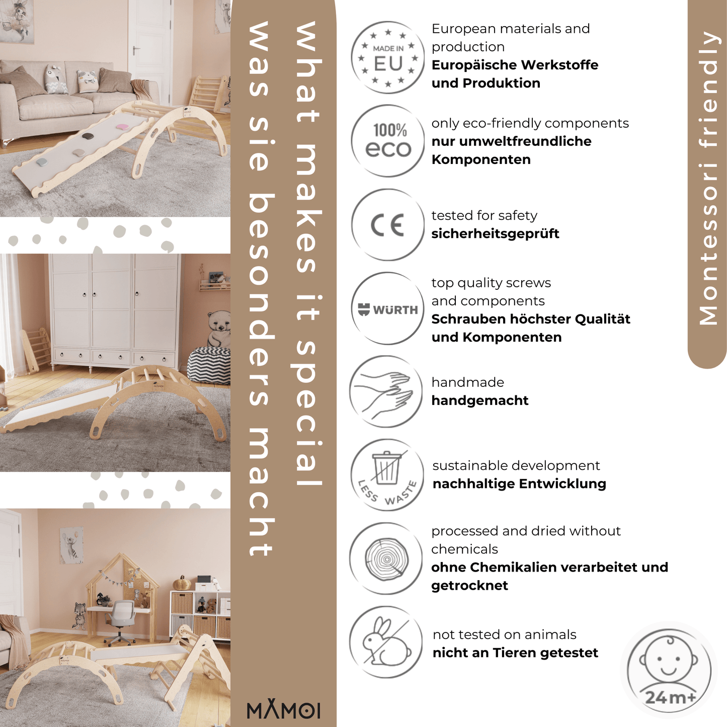 MAMOI® Kletterbogen mit rutsche, Kletterdreieck, Baby klettern, Regenbogenwippe aus holz, Holzbogen für Kinder, Rutschbrett für spielplatz, Klettergerüst indoor ab 1 jahr 2/3 jahre, Montessori-4