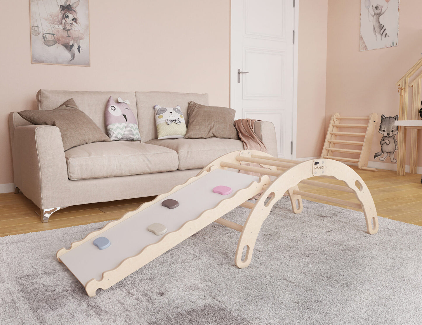 MAMOI® Kletterbogen mit rutsche, Kletterdreieck, Baby klettern, Regenbogenwippe aus holz, Holzbogen für Kinder, Rutschbrett für spielplatz, Klettergerüst indoor ab 1 jahr 2/3 jahre, Montessori-1