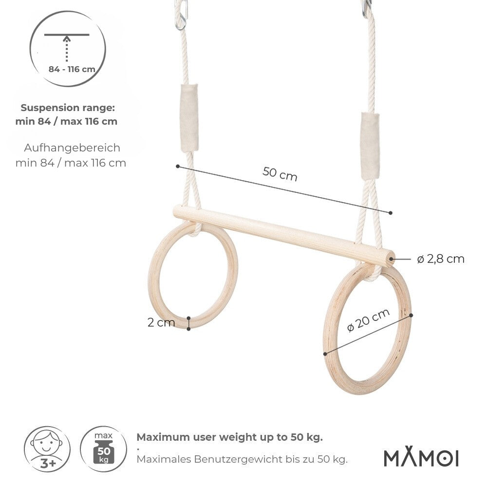 MAMOI® Trapez schaukel, Turnringe aus holz, Turngeräte für kinder indoor und outdoor, Ringe schaukel, Turnen mit Holzschaukel, Gymnastikringe und Trapezstange-1