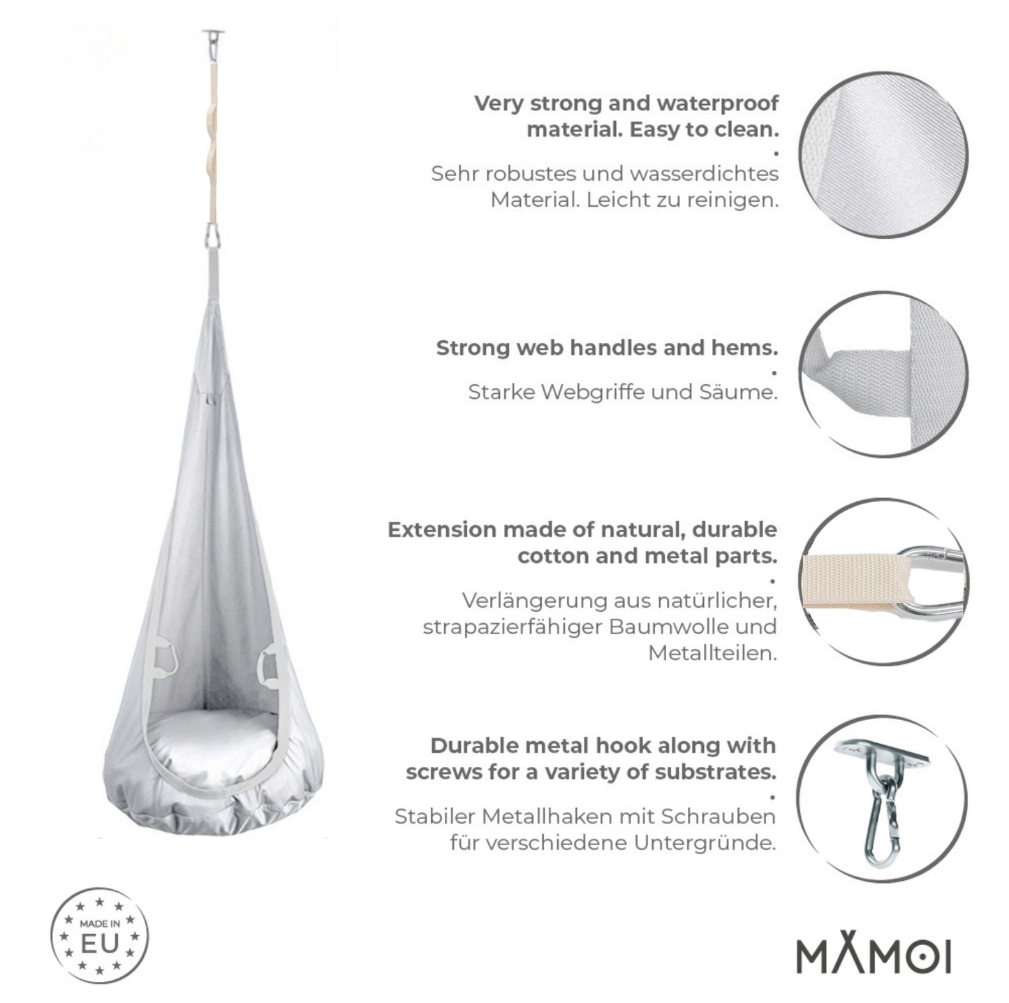 MAMOI® Cocon hamac pour enfant, Fauteuil suspendu pour bebe, Balançoire thérapeutique de coton, Balancoire sensorielle interieur, Jeu sensoriel autisme-2