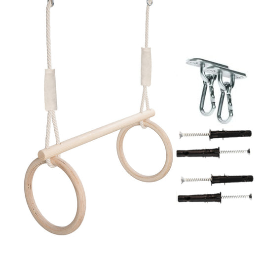 MAMOI® Trapez schaukel, Turnringe aus holz, Turngeräte für kinder indoor und outdoor, Ringe schaukel, Turnen mit Holzschaukel, Gymnastikringe und Trapezstange-0